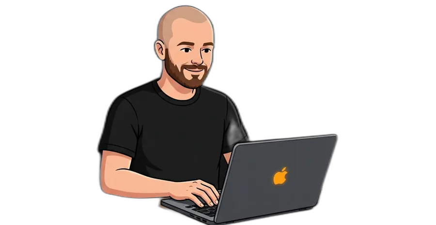 Illustration of Medy Gribkov working on a laptop